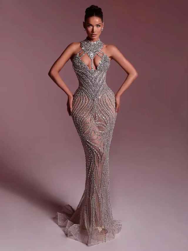 Sexy See Through Mesh Long Prom Dress Shiny Sequins Pearl Bodice Patchwork Sheer Mesh Beaded Celebrity Evening Party Gowns