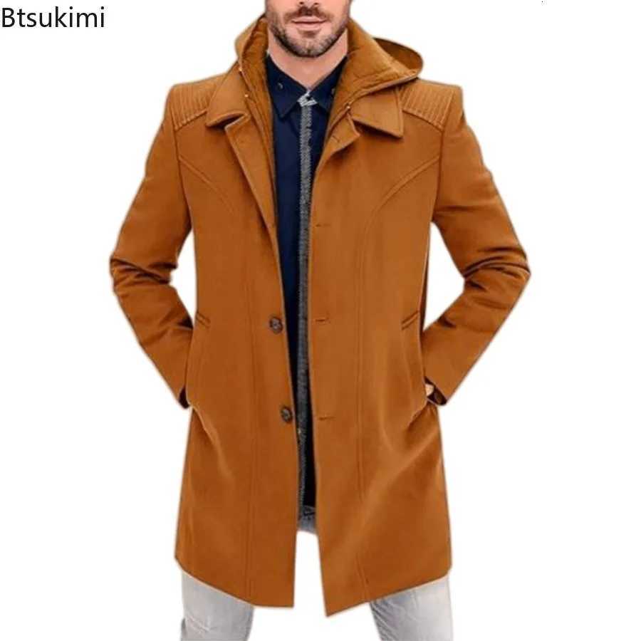 New 2025 Mens Autumn Winter Warm Woolen Jackets Fake Two Pieces Hooded Trench Coats Single Breasted Windbreaker Jackets MaleT251025