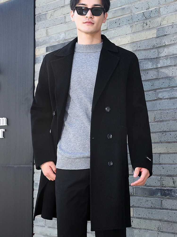 100 Merino Wool DoubleSided Coat Mens Suit Collar DoubleBreasted Coat Handmade Long HighStreet Business Top With PocketT251025
