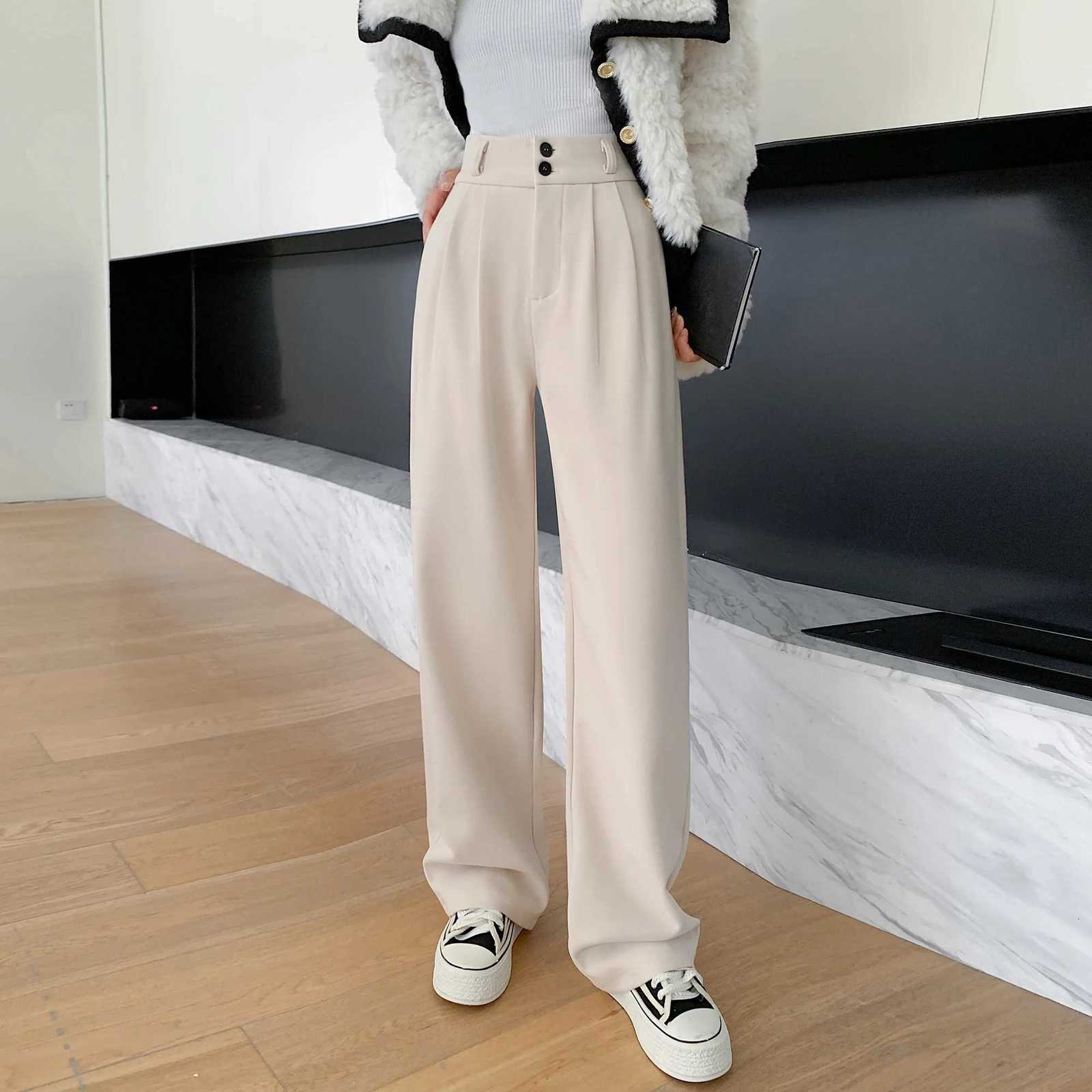 Autumn Winter High Waist Woolen Womens Wide Leg Pants 2025 New Button Korean Casual Loose Straight Full Length Trousers FemaleT251025