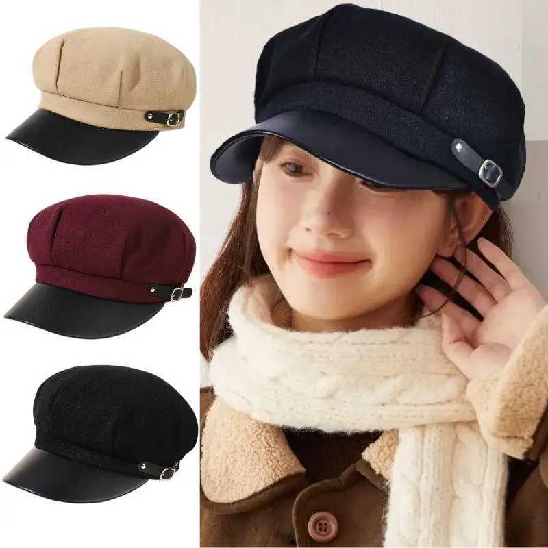 Vintage Beret Newsboy Hat Y2K Autumn Winter Hat Beret Octagonal C Black Leather Buckle Hat Woolen Beret Painter Artist Hat Y251025