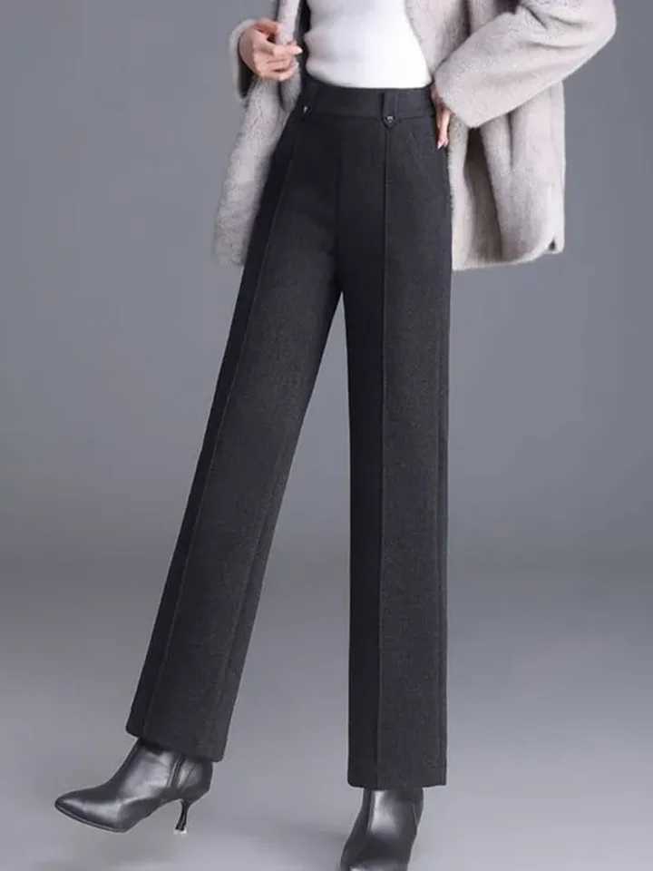 Winter Warm Woolen Wide Leg Pants Korean Fashion High Waist Thick Wool Blend Straight Pantalones Casual Classic Solid Calca NewT251025