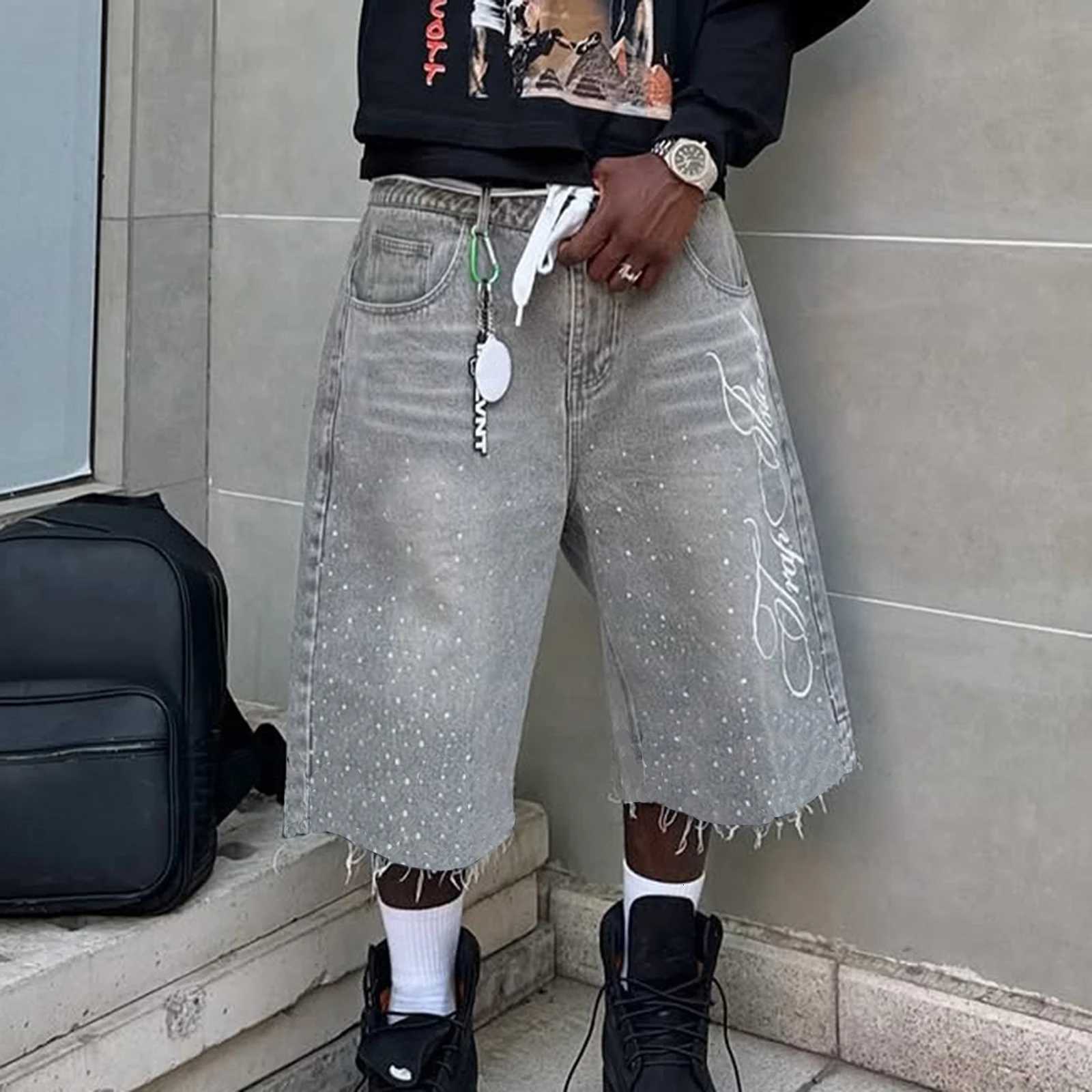 Mens Summer Casual Denim Shorts Knee Length Trendy Letter Embroidered Rhinestone Jeans Shorts Fashion StreetwearXJ251025