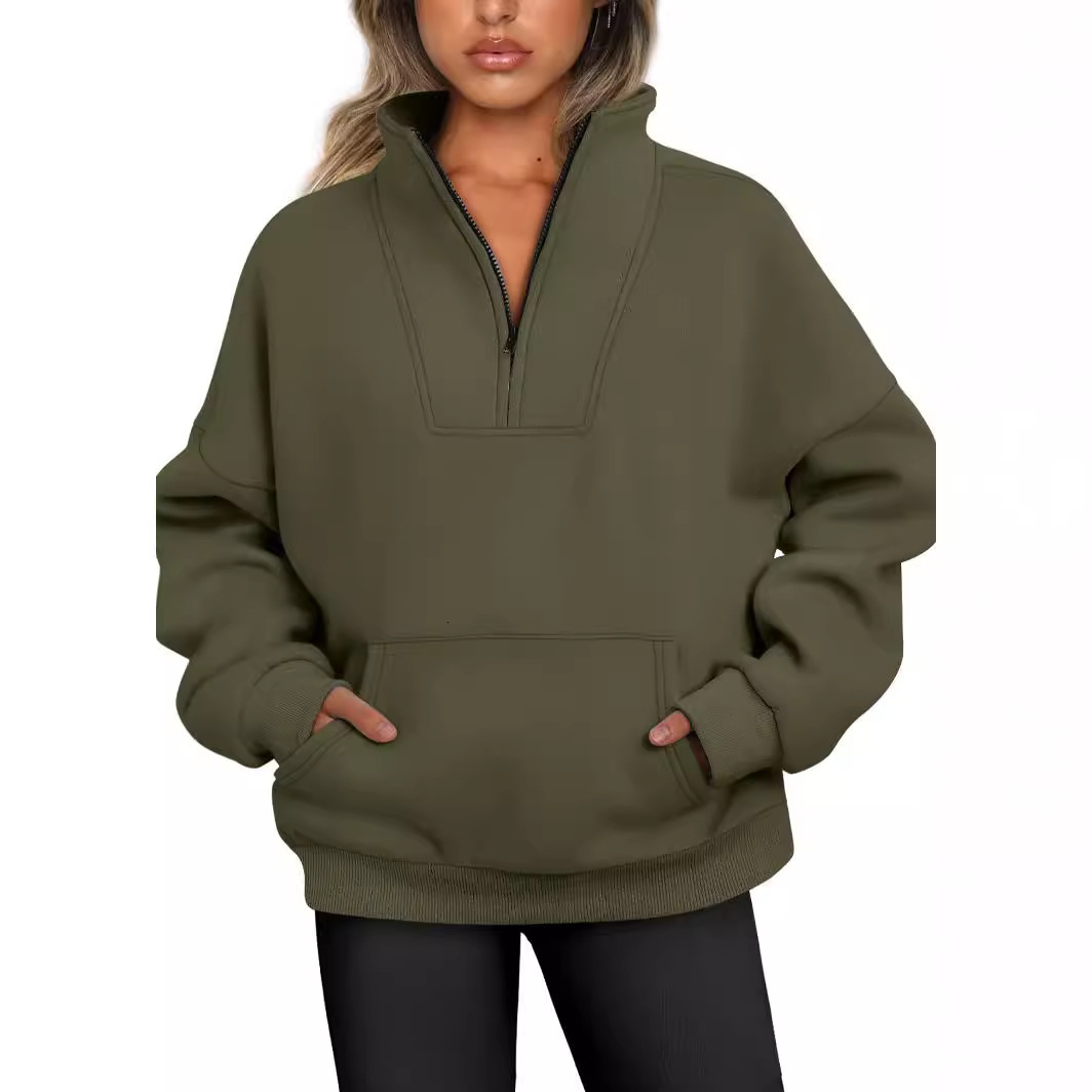 2025 Autumn Winter Stand Collar Solid Color Hoodie with Pockets and Zipper Women's Casual Loose Fleece Ribbed Top