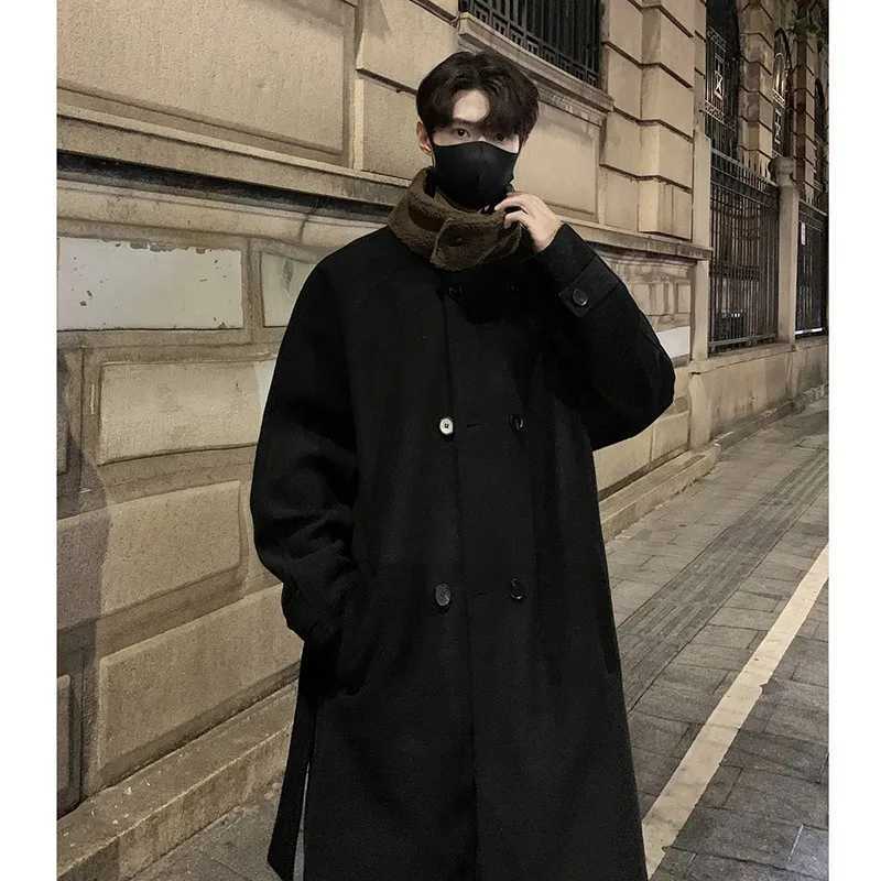 Mens Lamb wool Patchwork Woolen Overcoat Men Highend Stand Collar Casual Loose Korean Style Winter New Elegant Trench CoatT251025