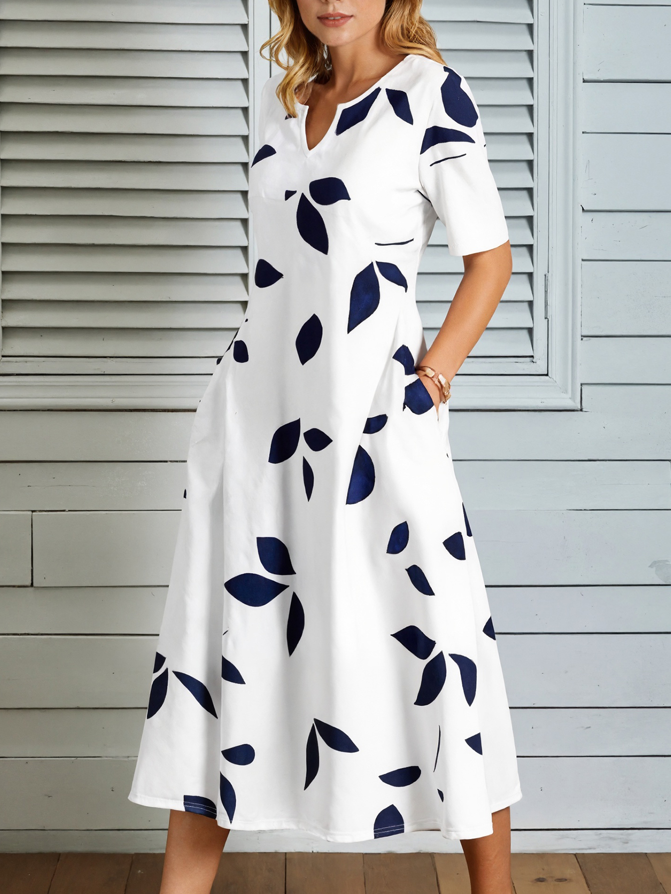 Spring Summer New Women's Fashion Vacation Style Plant Leaf Printed V-Neck Midi Dress, Milk Silk White Dress, S-XXL---CF52919