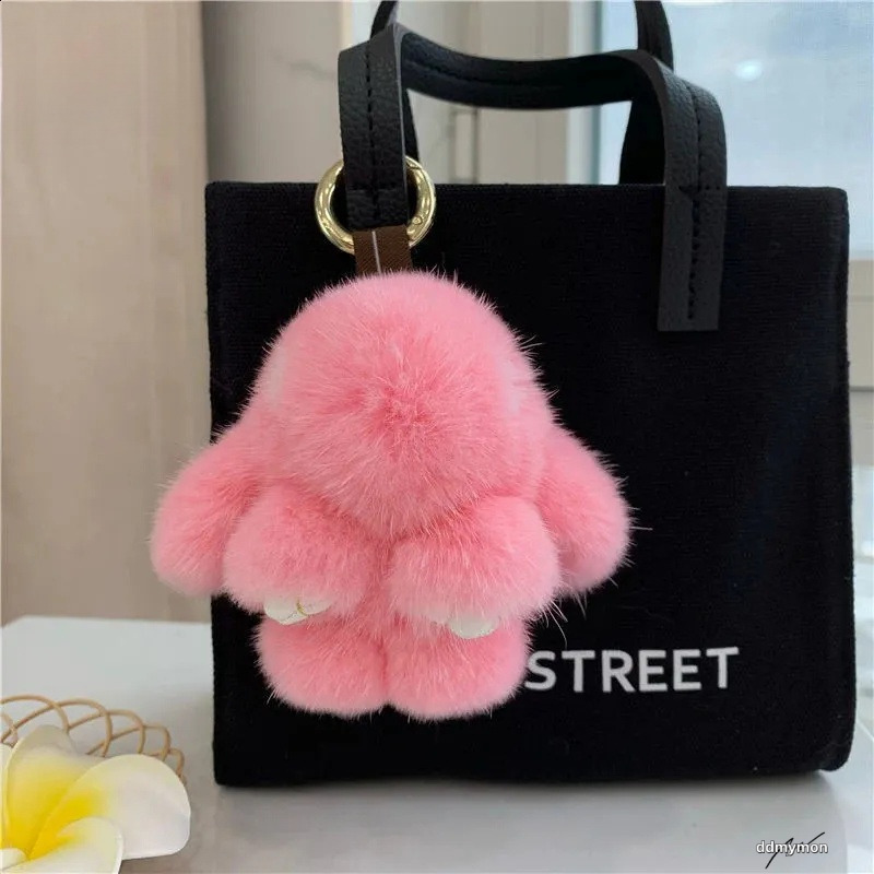 Cute Long Ear Bunny Keychain Real Mink Fur Rabbit Doll Pendant Toys Keyring Handbag Charm Ornament Pompom Plush Jewelry Gifts Y240829 Ddmymon
