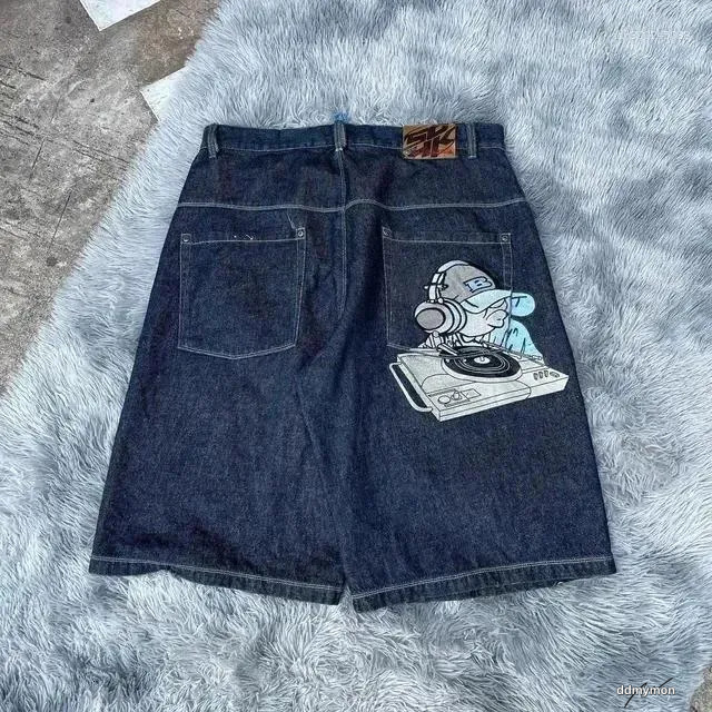 Men's Fashion Denim Jeans: Retro Rhinestone Graphic Black Baggy Gym High Waist Basketball Casual Shorts For Men Ddmymon