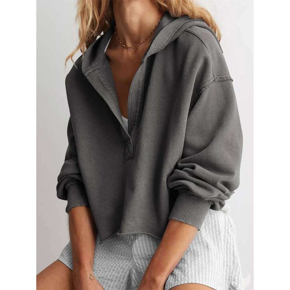 Women's Spring Autumn Hooded Sweatshirt Long Sleeve Solid Color V Neck Crop Hoodie hoodies women