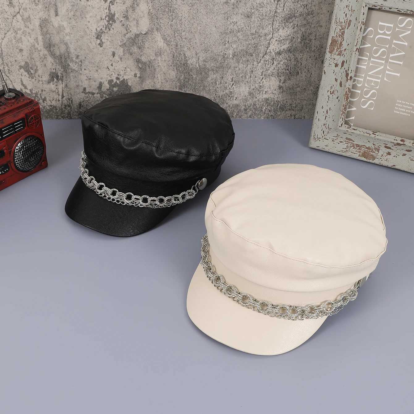 Simple British style PU leather size chain decoration newsboy hat shop trip selfie ry cover newsboy hat Y251025