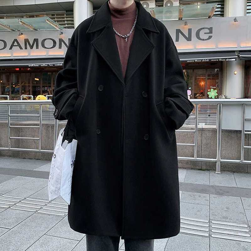 Korean Mens Wool Blend Coat XLong Notched Collar Double Breasted Pea Coat Trench OvercoatT251025