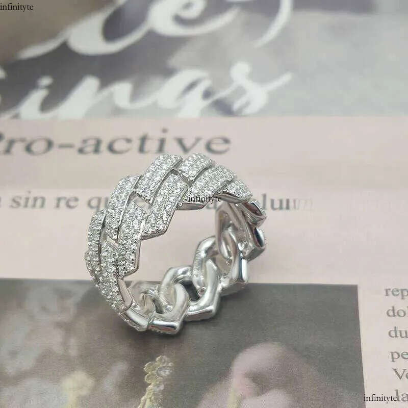 Custom Moissanite Cuban Ring S Sier with 2rows Hip Hop Mens White Gold Plated Vvs Dia Rings