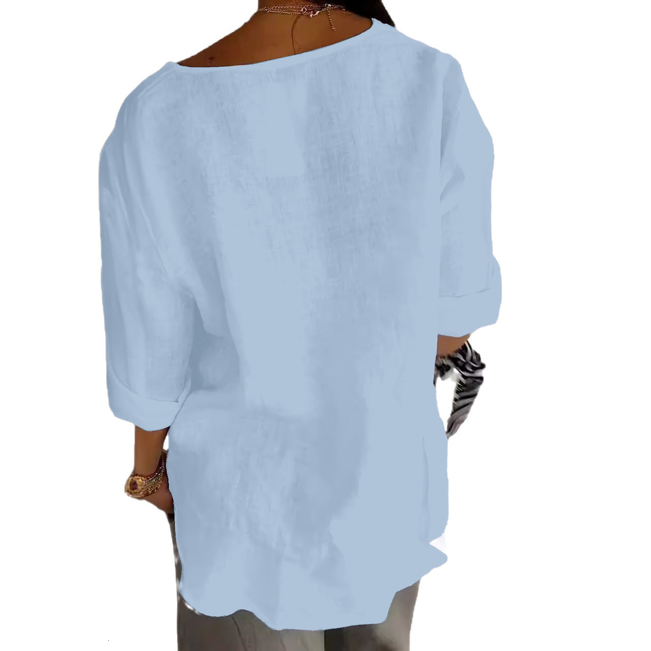 2025 Autumn Winter New Casual Button Round Neck Loose TShirt Womens Fashion