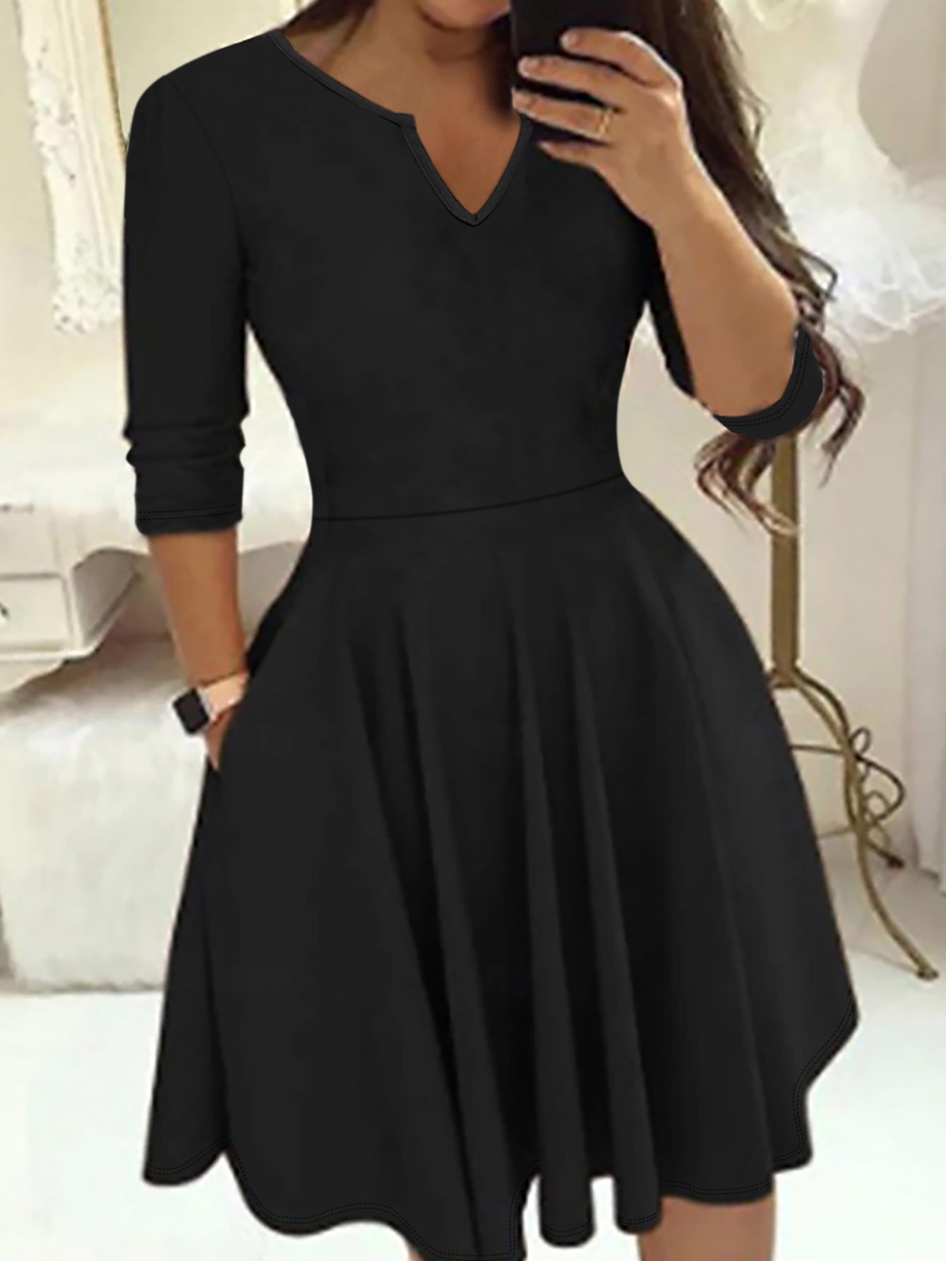 Autumn Winter Women's Fashion Elegant Solid Color V-Neck Minimalist High-End Commute Daily Dating Dress, Milk Silk Black Dress, S-XXL---CF51310