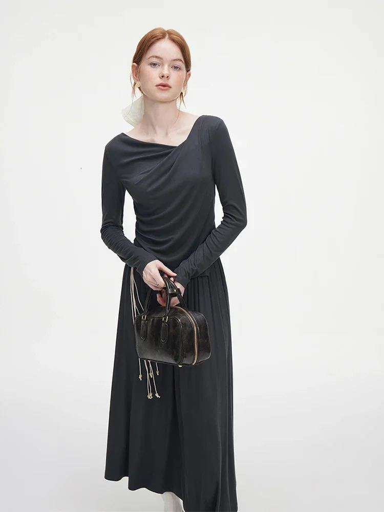FSLE Women Autumn Knitted Elegant Set Dark Grey Blouse Skirt Asymmetric Thin Pullover Long Sleeve Top Long Knit Skirt 251020