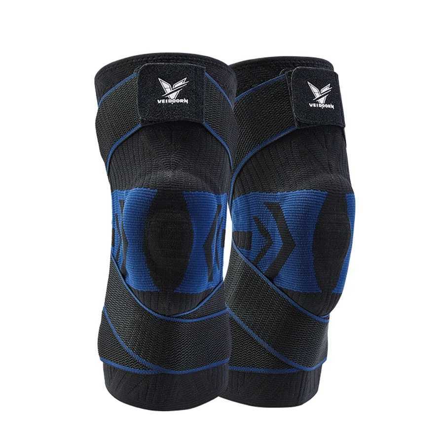 1PC Men Compression Crossfit Rodilleras Elastic Sport Knee Sleeve with Long Straps Black Blue Knee Brace with Silicone Gel Y251024