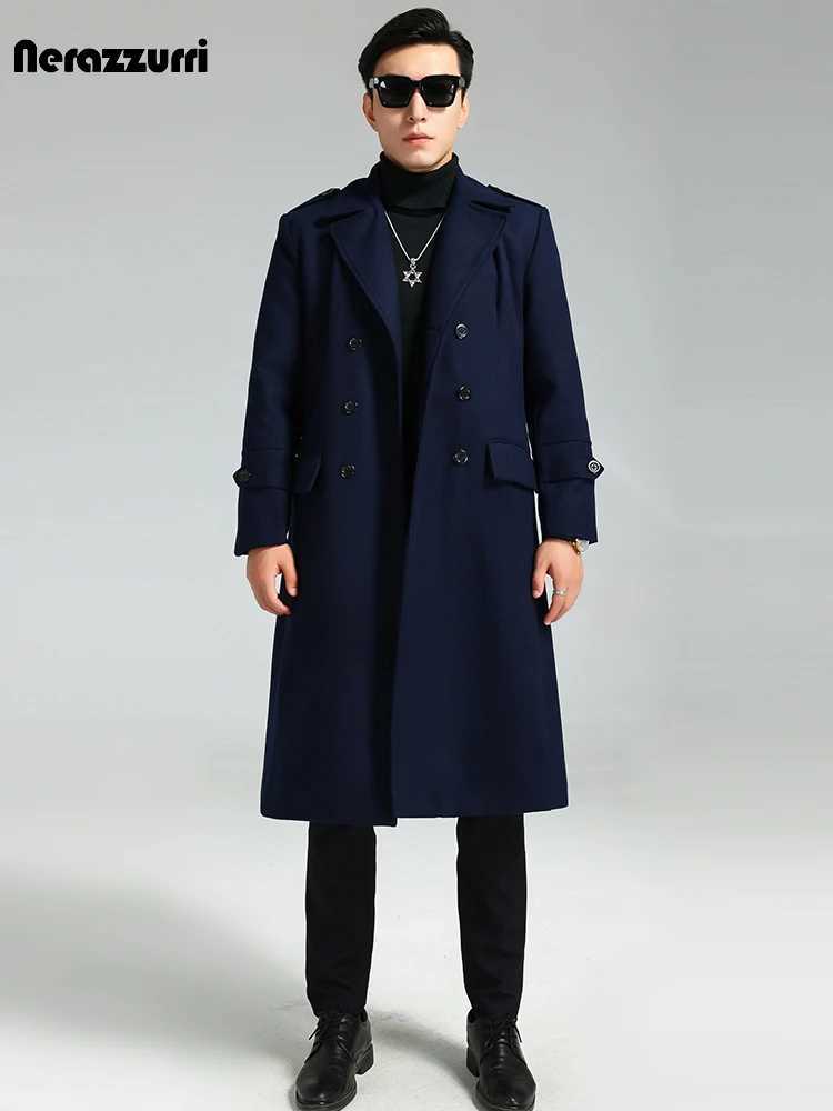 Nerazzurri Autumn Winter Long Elegant Luxury Chic Navy Blue Warm Woolen Coat for Men Double Breasted Wool blends Overcoat 2023T251025
