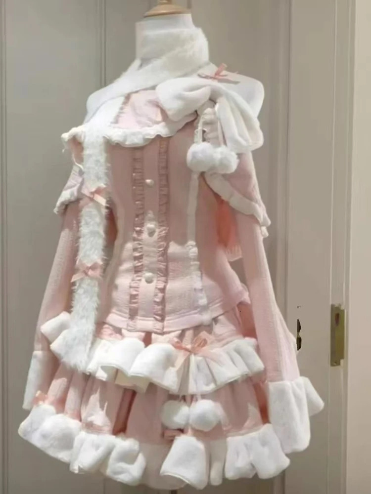 Winter Sweet Lolita Princess Kawaii Bow Pink n Slimming Womens Suit Y2k Elegant Warm Two Piece Set Japanese Outfit 251016