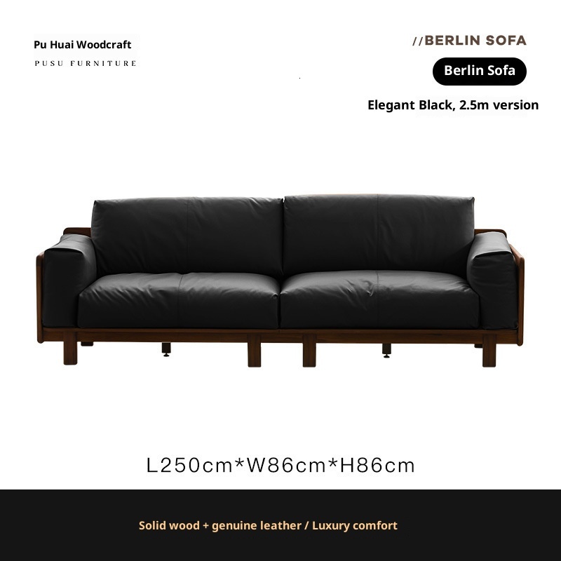 Black Walnut Sofa Full Solid Wood Genuine Leather Modern Simple Three-Seater Living Room Small Apartment Home Down Filling