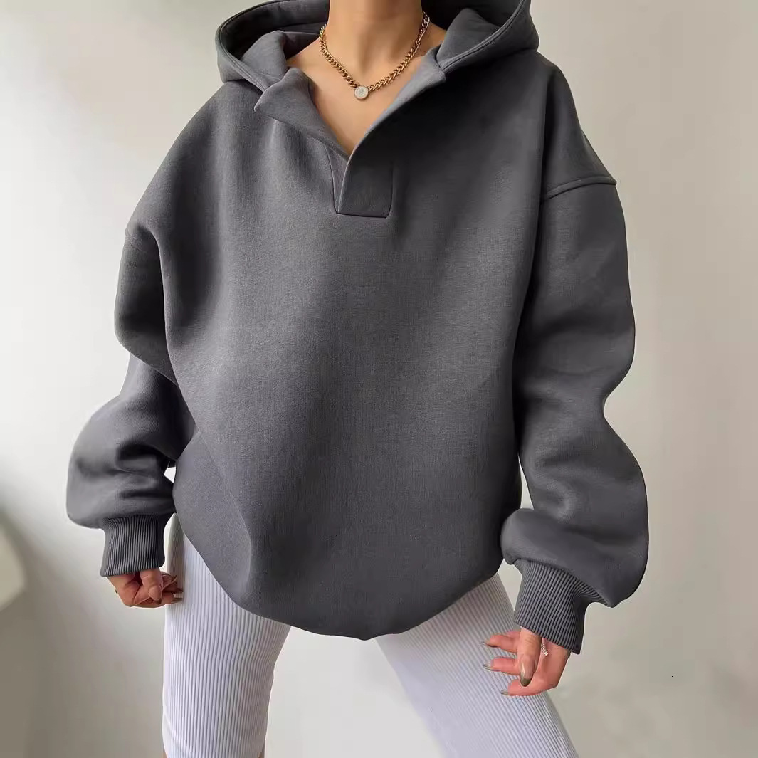 2025 Autumn Winter Women's Solid Color Long Sleeve Hooded Loose Fit Sweatshirt for Women