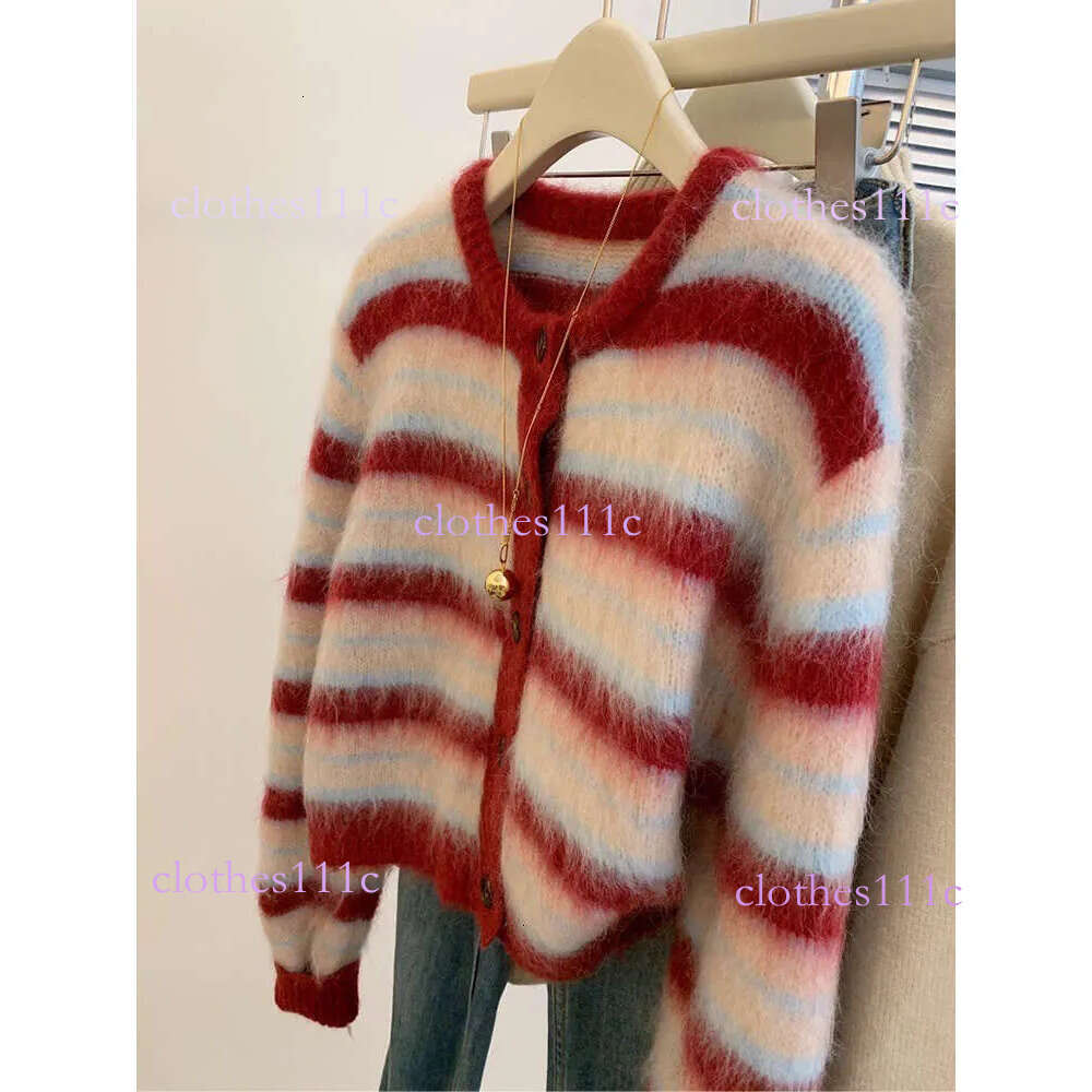 Autumn Winter New Sweet Red Striped Mohair Knitting Cardigan For Women Fashion Round Collar Single Breasted Sweater Coats