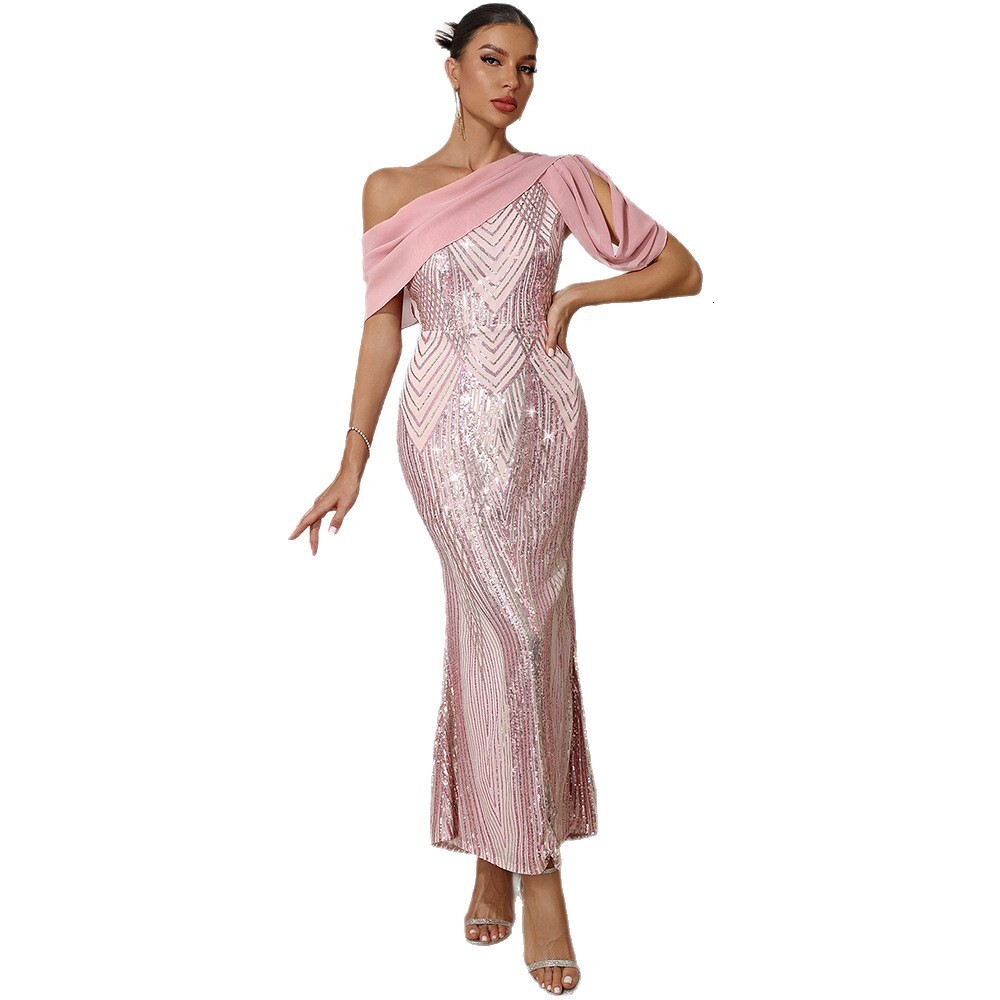 European and American new women's designer fashionable and sexy one shoulder chiffon patch sequin dress evening gown