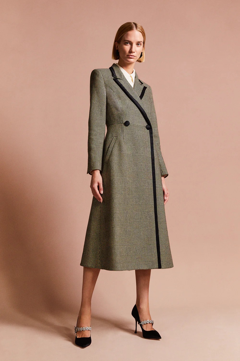 Elegant Houndstooth Long Coat For Women Warm Peaked Lapel Double Breasted Jacket Only Blazer Custom Made