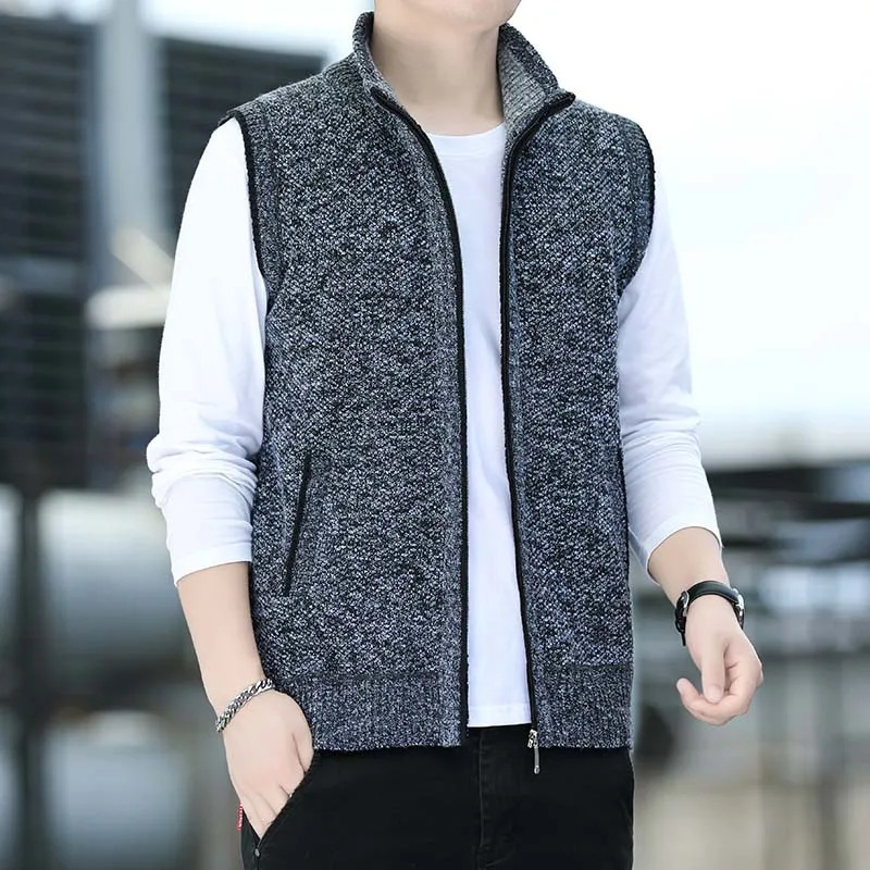 Mens Sweater Vest Solid Knit Sweaters Sleeveless Jackets Knitted Cardigan Zip Coat Turtleneck Fleece Warm Homme Clothes 251016