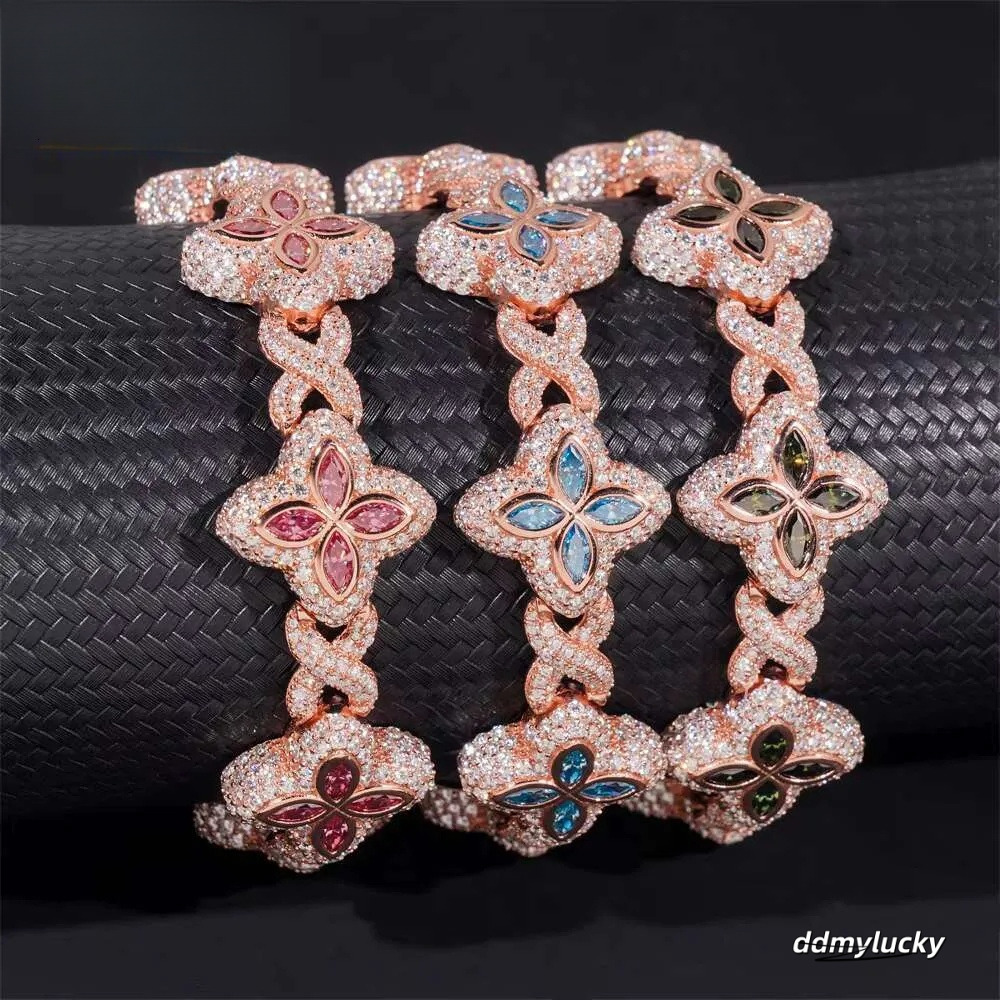 Rich Color Flower Design 18Mm Custom Iced Out Hip Hop Unisex Jewelry Cuban Link Chain Sier VVS Moissanite Bracelet Ddmylucky
