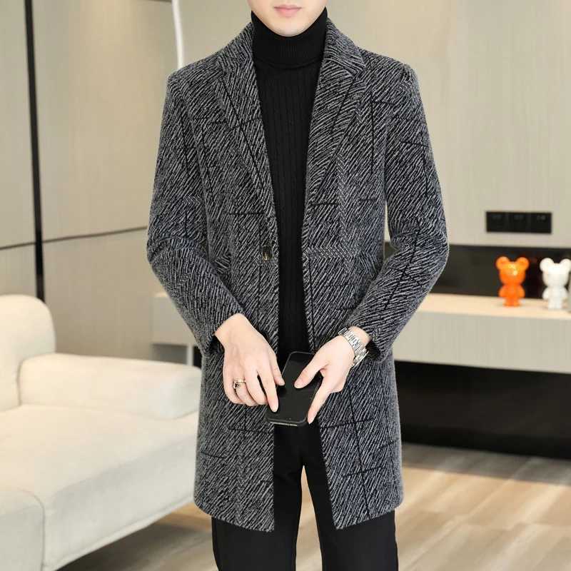 Casual Mens Striped Woolen Coats 2025 Winter Business Thicken Warm MidLength Top Overcoat Clothing Outwear Windbreaker JacketT251025