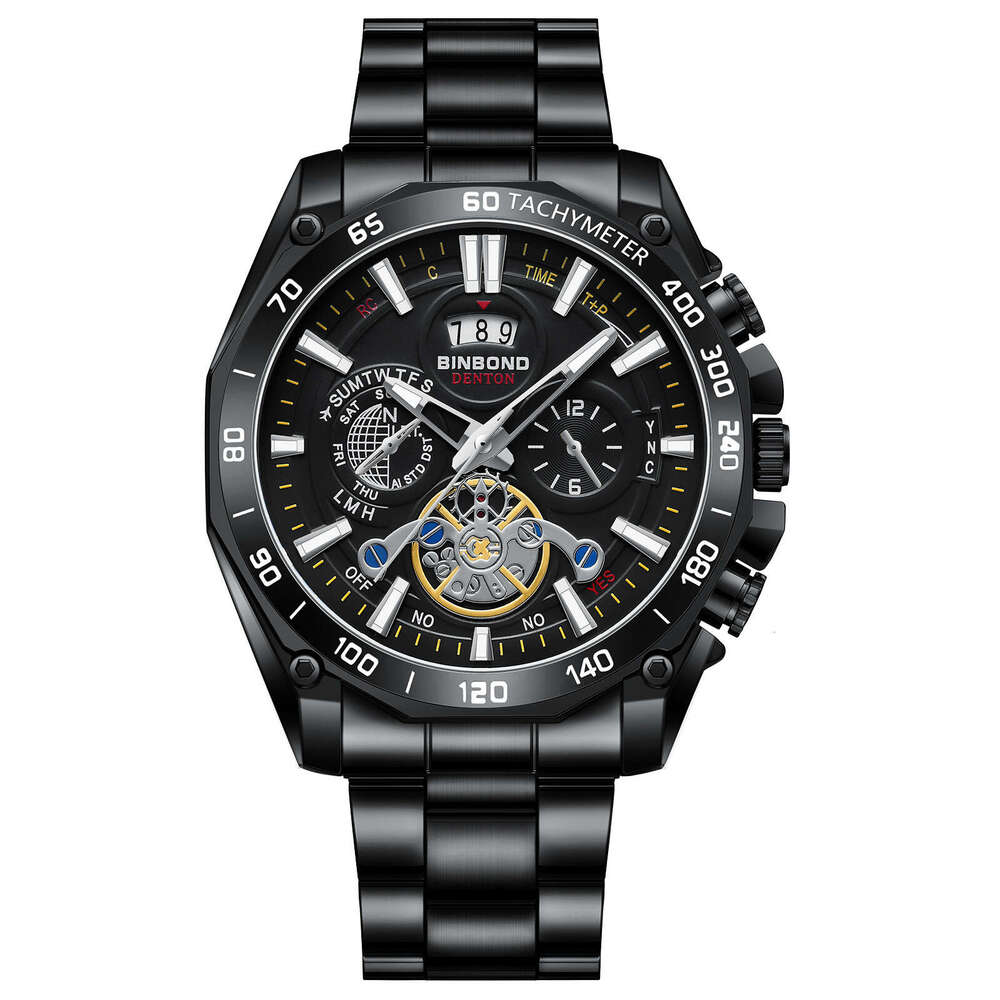 Luminous Trendy Student Men's Tourbillon Gift Steel Band Three Eyes Six Hands Decorative Watch