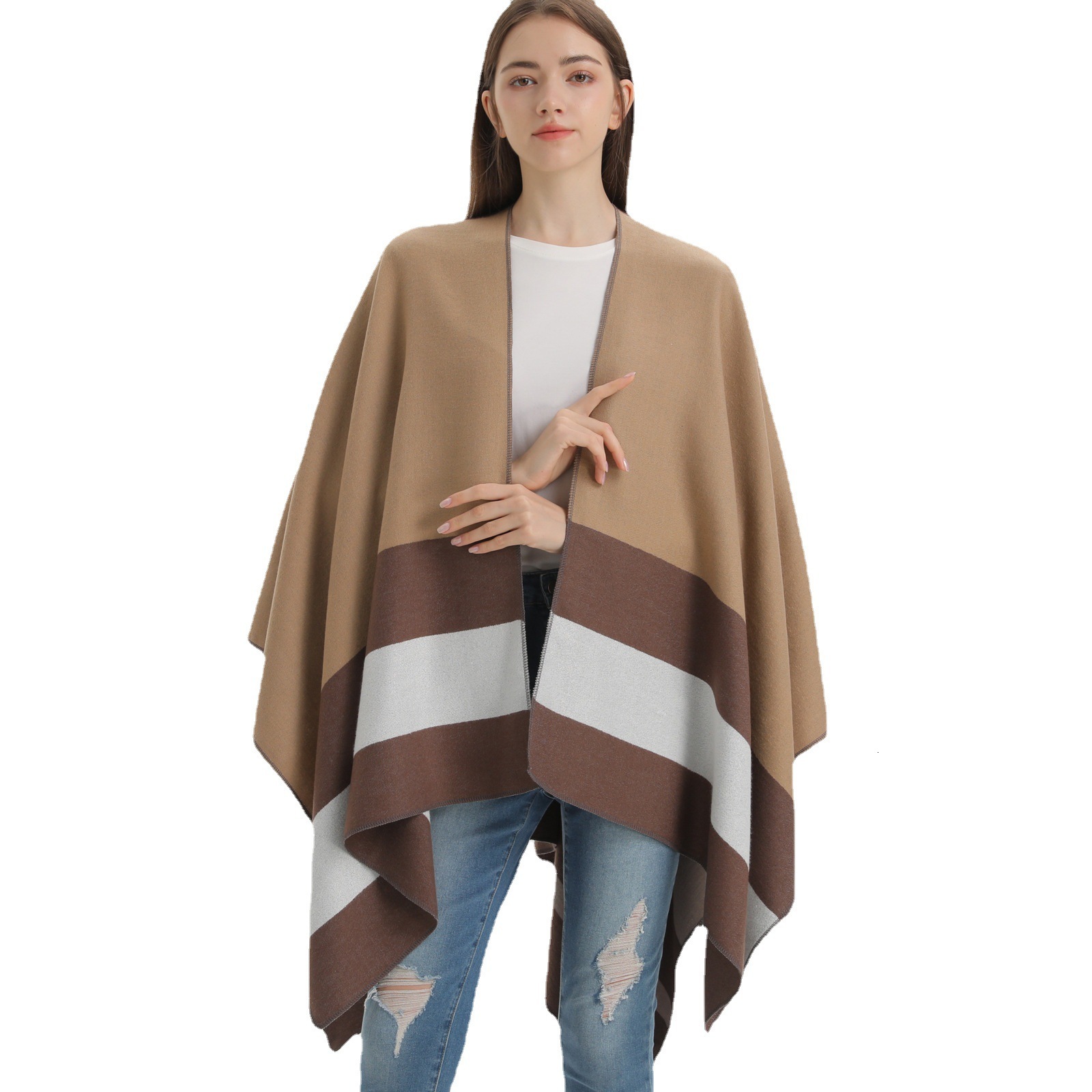New DoubleSided Scarf Shawl Fashion Striped Cape Womens Outerwear Warm Cardigan