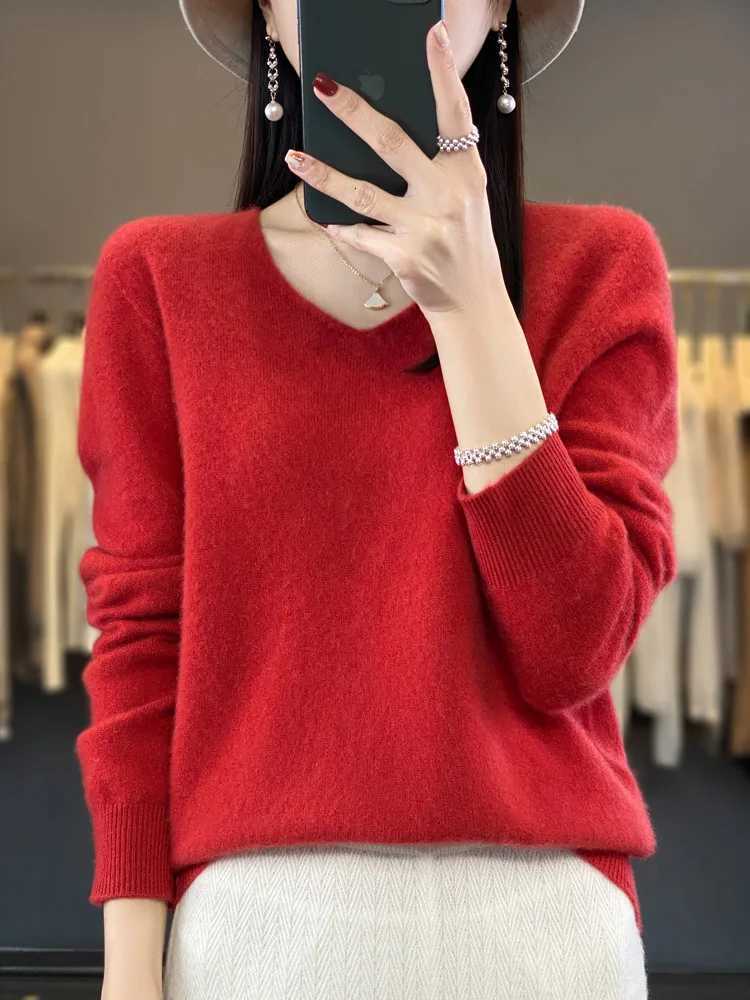 Aliselect Fashion 100 Merino Wool Women Sweater VNeck Long Sleeve Basic Jumper Spring Autumn Winter Clothing Knitwear TopsT251025