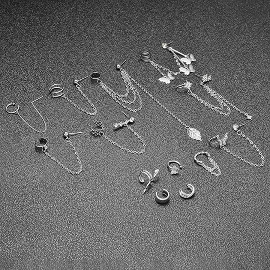 Ear Cuff Earrings for Women Stainless Steel Cuff Chain Drop Dangling Earrings Helix Cartilage Cuff Earring Non Pierced Adjustable Silver Tone