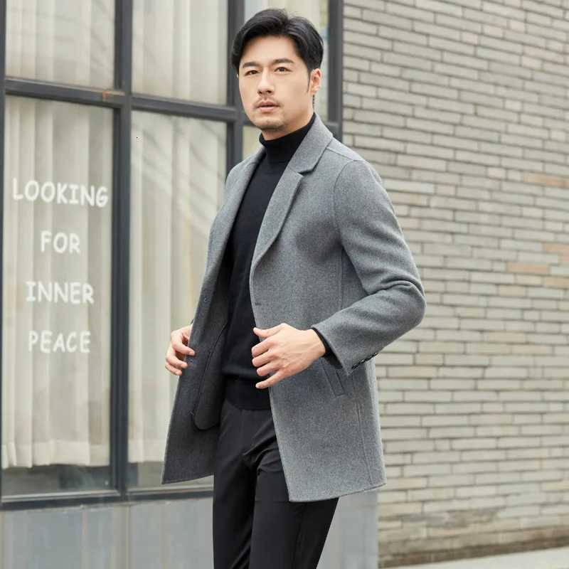 Autumn Winter Doublesided Cashmere Coat Mens Mid Long Gray Wool Woolen Jacket Offseason Highend Suit Business Trench OutwearT251025