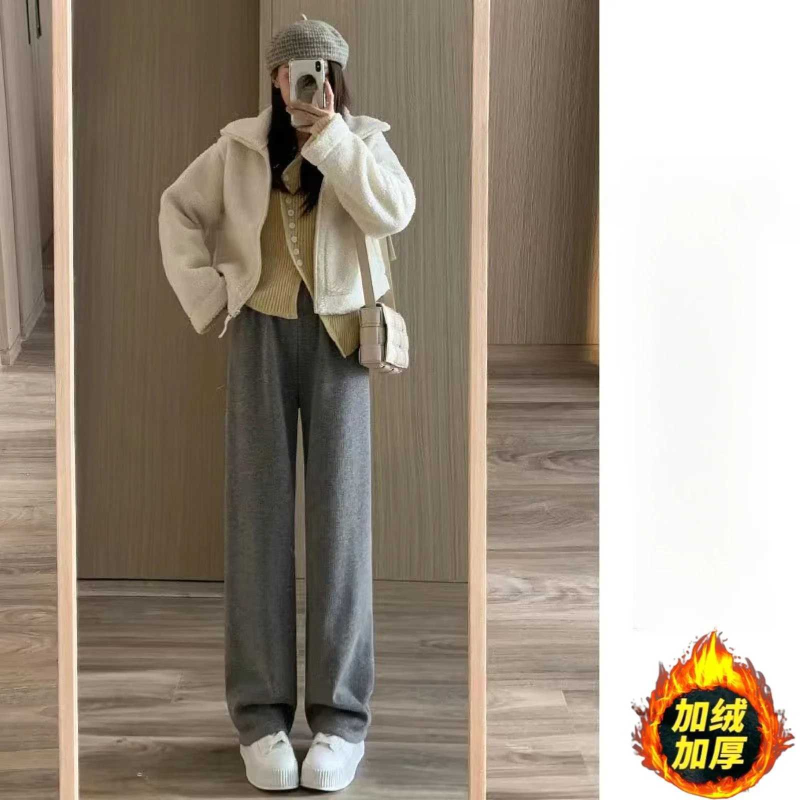 Autumn Winter Korean Fleece Women Thicken Pants Elastic Waist Stright Long Wide Leg Pants Fleecelined Knitting Warm TrousersT251025