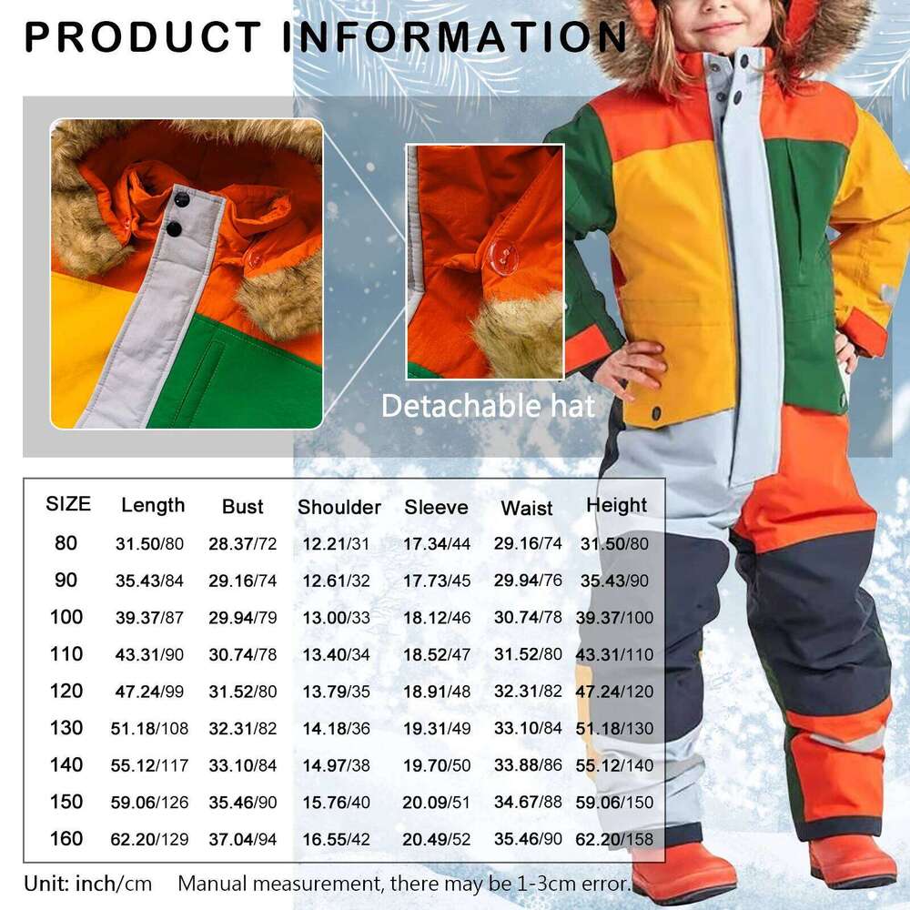 One-Piece Children's Ski Suits Snowboarding Fur Collar Hooded Thickening Windproof Warm Winter Skiing Clothes For Girls Boys