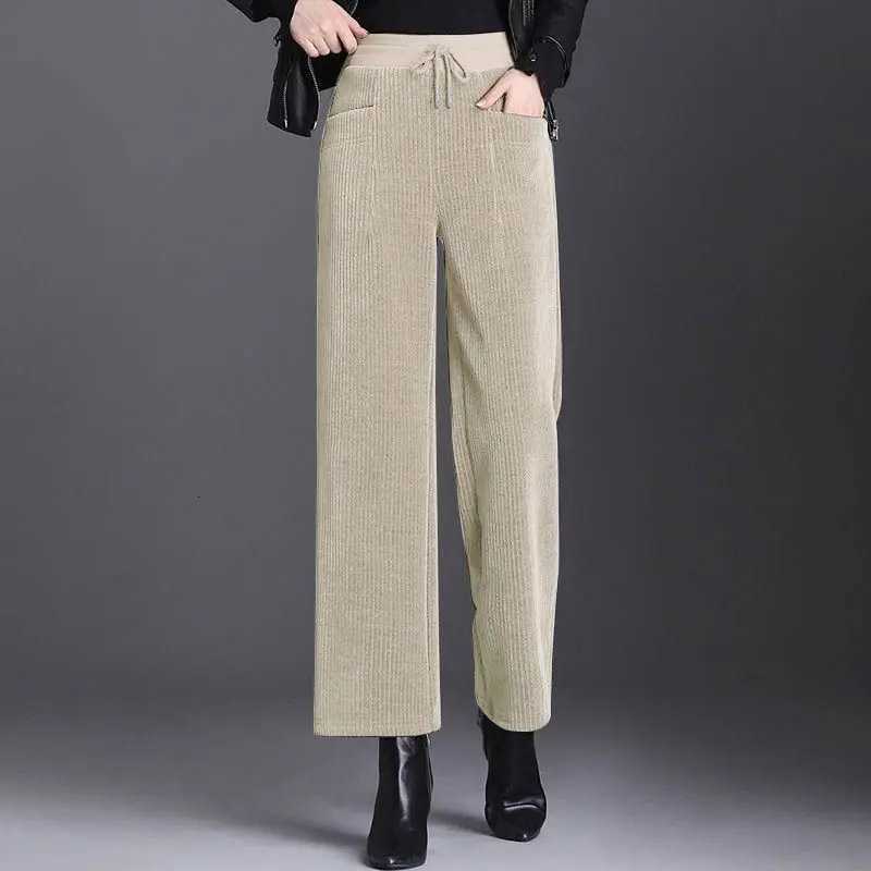 Fashion Autumn Winter Pants New Women Pockets Elastic High Waist Drawstring Plus Velvet Straight Wide Leg Ankle Length TrousersT251025
