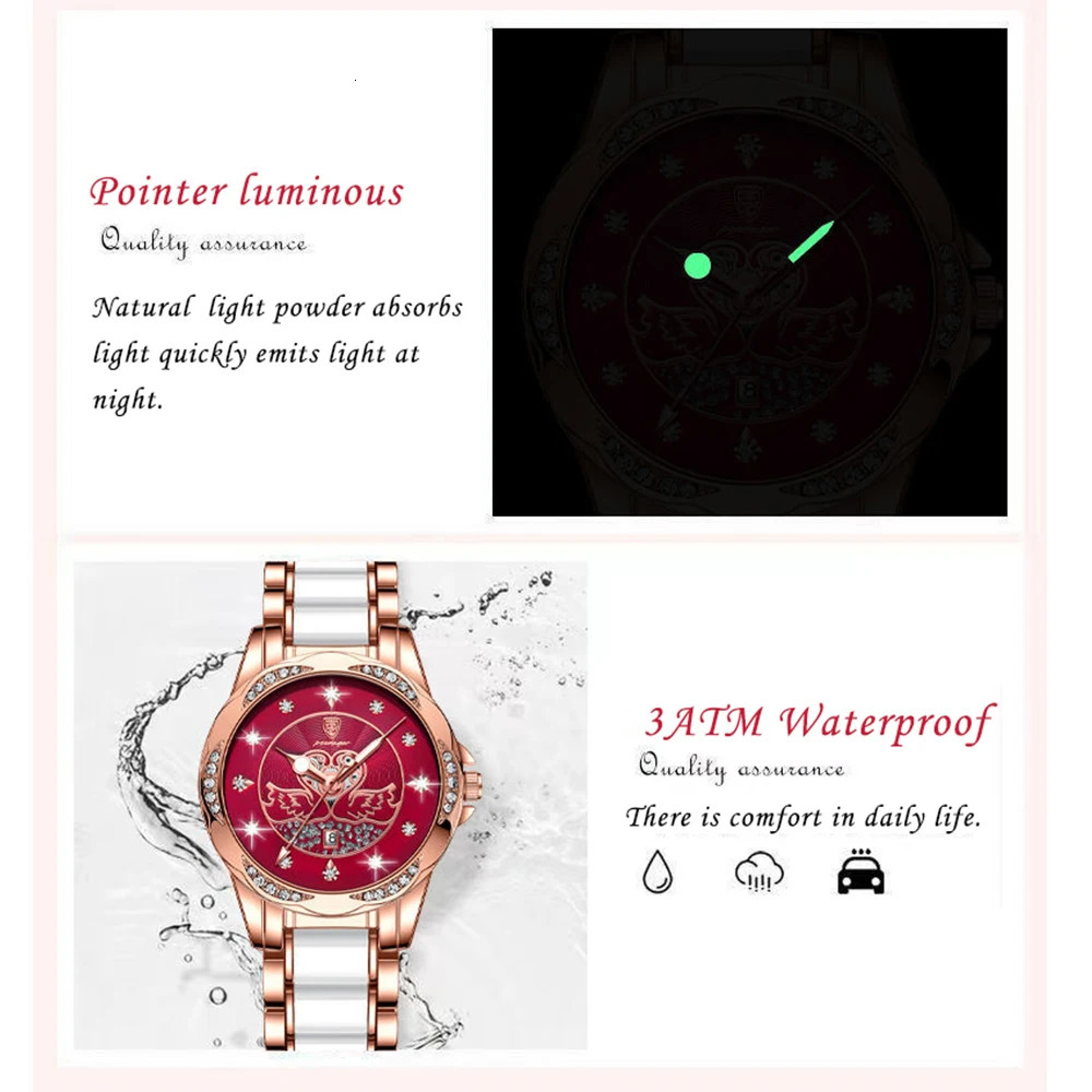 POEDAGAR Womens Quartz Watch Waterproof Luminous Date Ceramics Steel Watches For Woman Diamond Elegant Ladies Wristwatch 251021