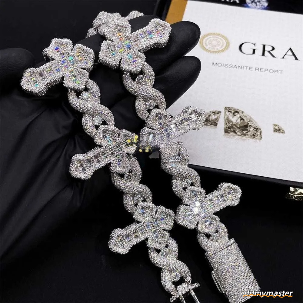 Cross Design Hip Hop Jewelry Sier Charm Iced Out VVS Baguette Moissanite Cuban Bracelet Ddmymaster