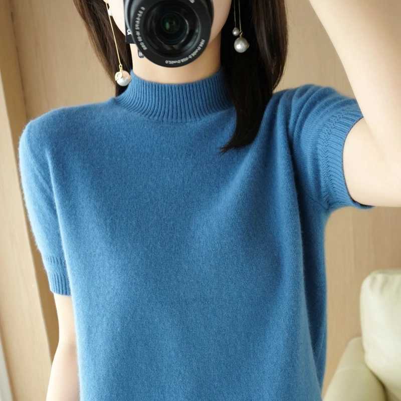 Spring Autumn Women Sweater Casual Warm Bottoming Shirts Mock Neck Basic Knitwear Short Sleeve Pullovers Korean Fashion JumperT251025