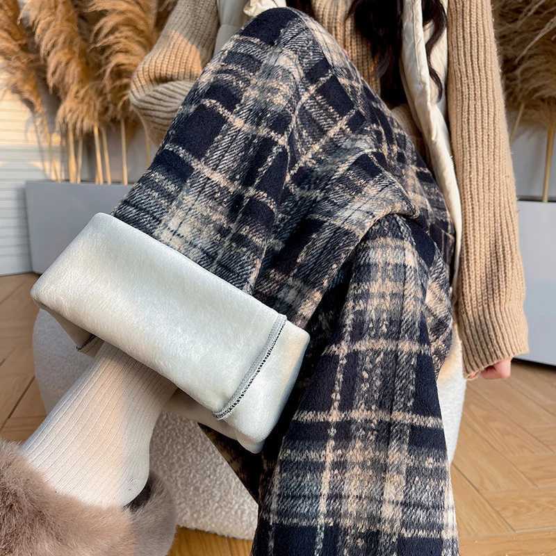 Harajuku Thicken Plaid Pants for Women Autumn Winter Fleece Wide Leg Trousers Woman Baggy Drawstring High Waist Pants LadiesT251025