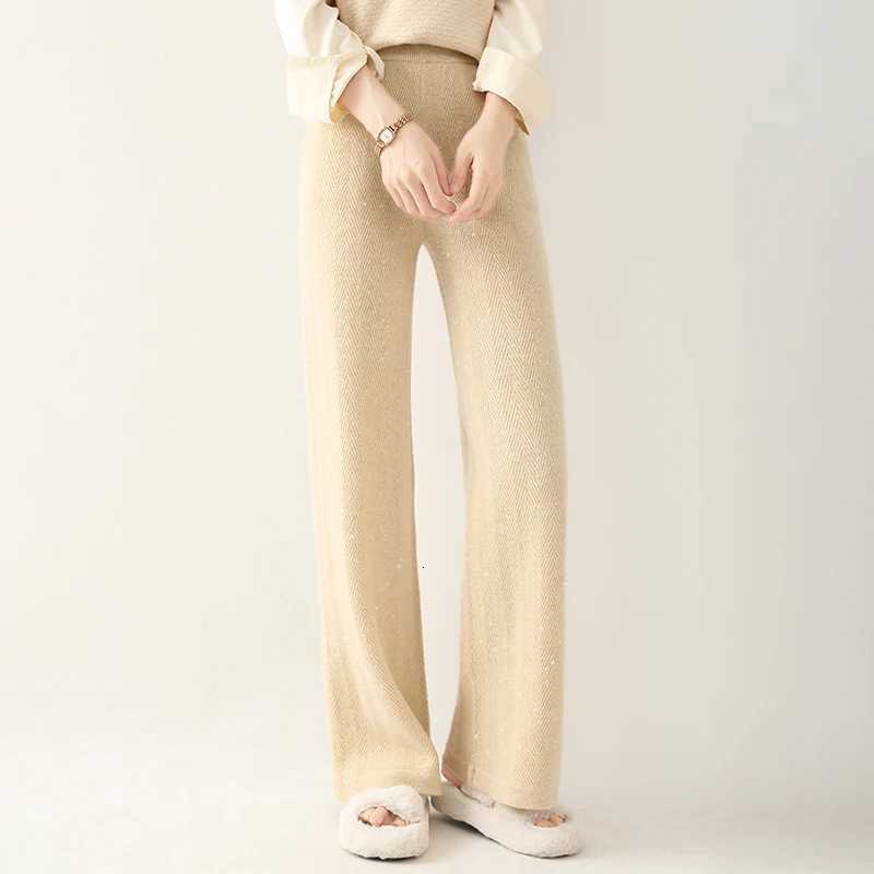 Women Wool Wide Leg Pants Elastic Waist Threaded Pattern Trousers Autumn Winter 100 Merino Wool Trousers Knit Soft Warm PantsT251025