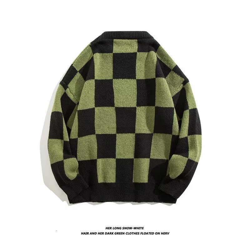 Green Checkerboard Sweater Knitted Sweater Plaid Round Neck Designer Sweater Loose Sweater Unisex Spring Autumn Lazy Style Design Sense Small