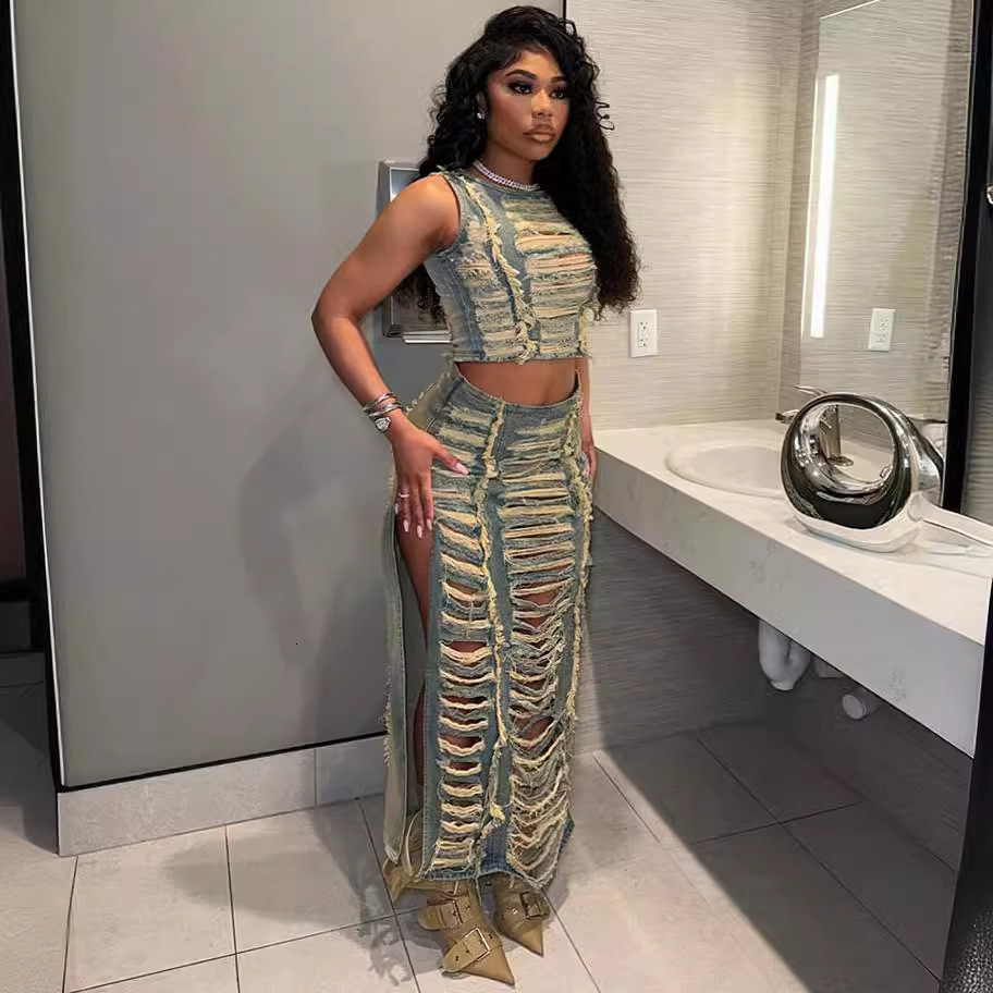 designer dress dresses for woman elegant women's set trendy personality handmade frayed vest slit denim skirt tracksuit women