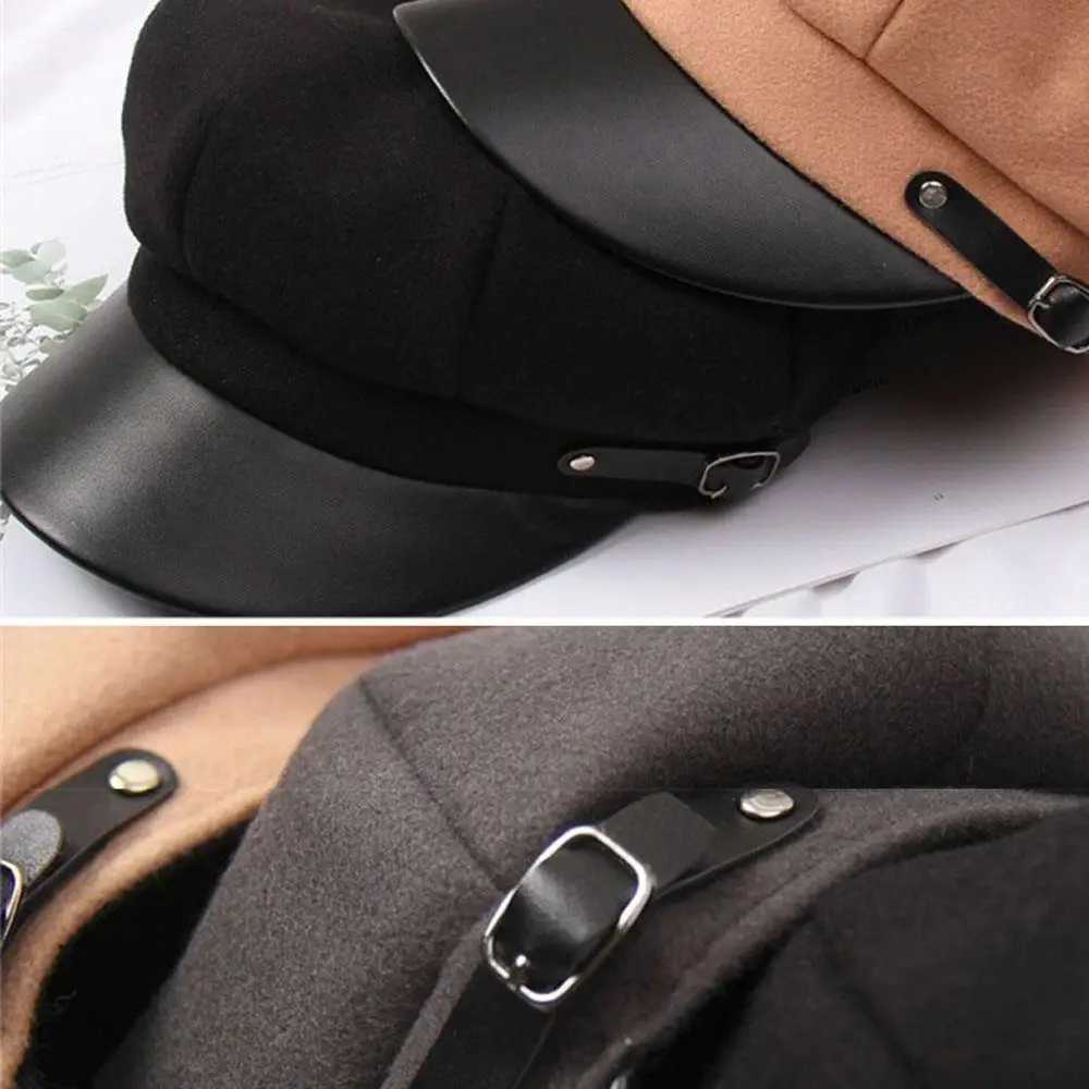 Vintage Beret Newsboy Hat Y2K Autumn Winter Hat Beret Octagonal C Black Leather Buckle Hat Woolen Beret Painter Artist Hat Y251025