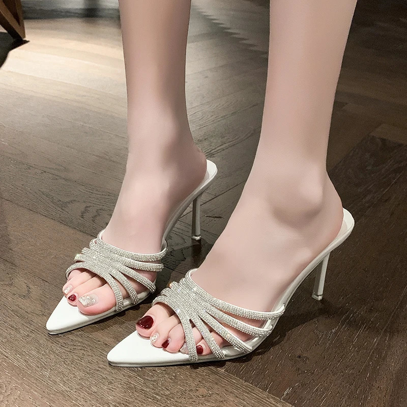 Sexy High Heels Slipper Women Summer Fashion CRYSTAL Narrow Band Pointed Toe Slides Stripper Party Sandal Mule Shoes 251023