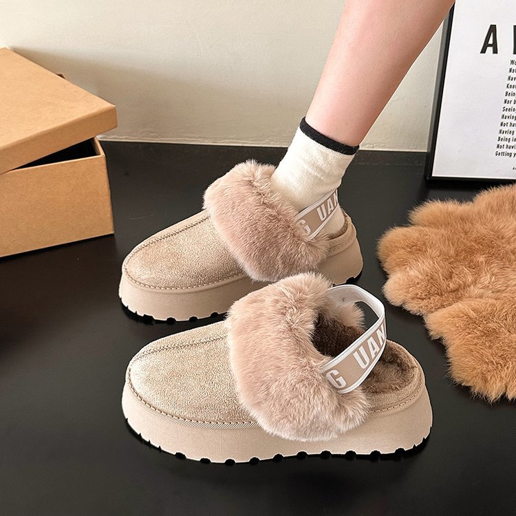 Free shipping, retro Baotou rubber-soled plush slippers, autumn and winter style, fashionable and classic, with a back strap, ladies' one-step co