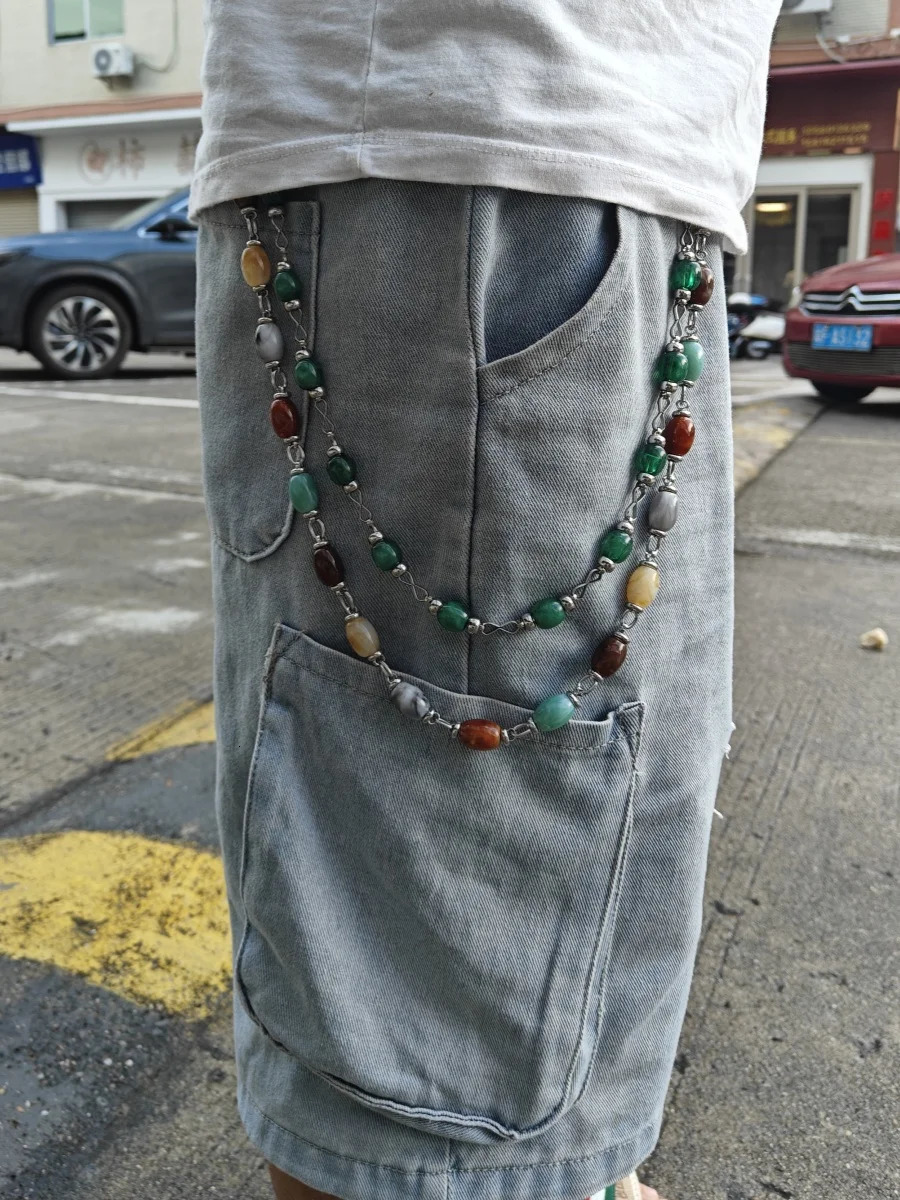 Colored Agate Lmitation Jade And Gemstone Multicolored Pants Chain Bohemian Style Fashionable Men And Women Accessories 251023