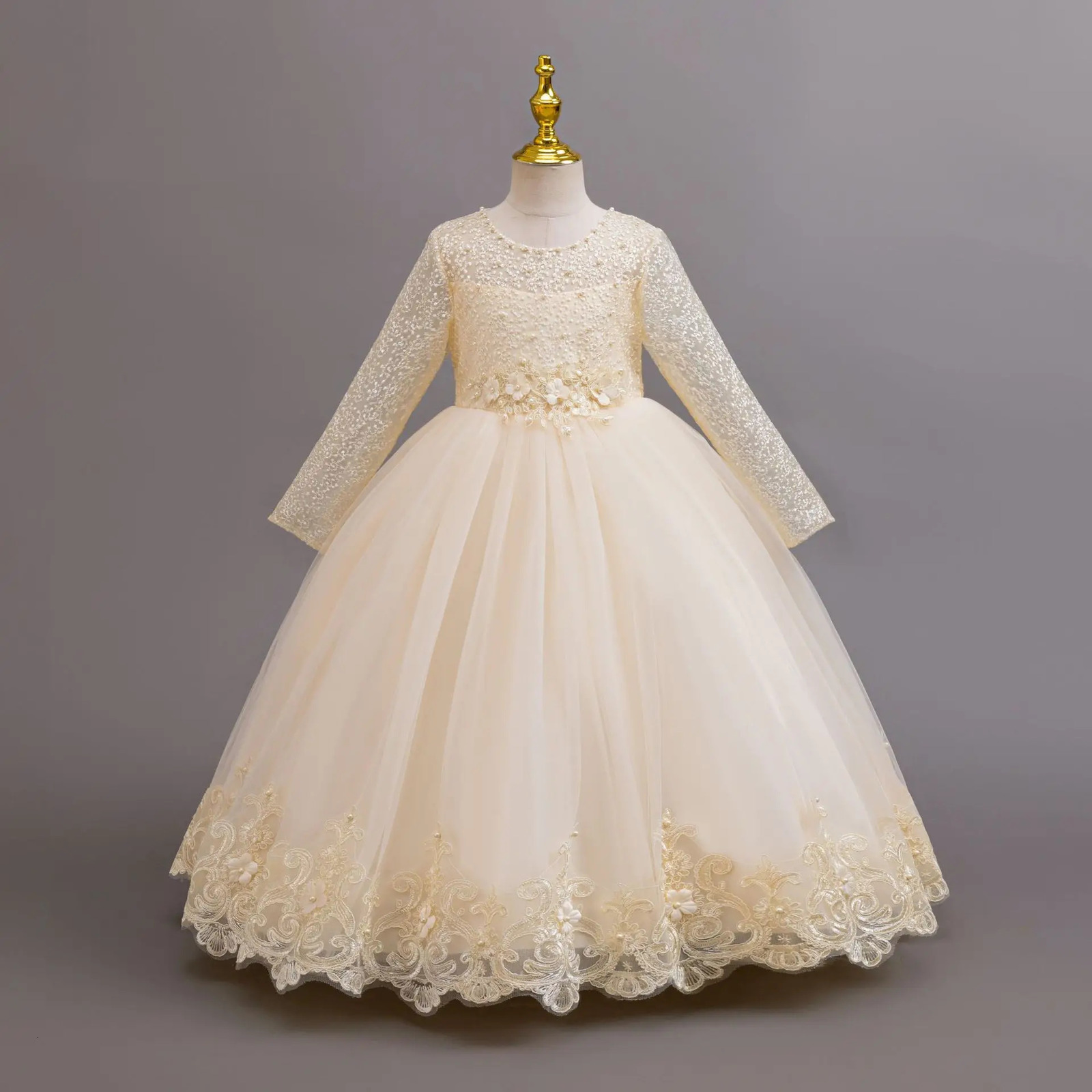 Long Sleeve Elegant Dress for Young Girls Flower Girl Wedding Dresses Lace Formal White Clothes From 4 to12 Years 251023
